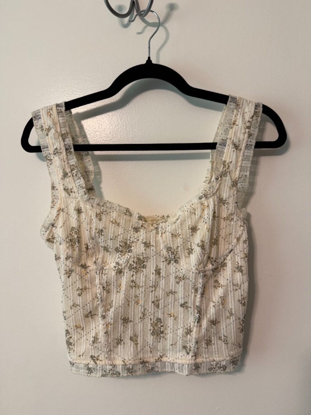 Cream Floral Embellished Corset-Like Crop Top | Cottagecore Bustier Tank